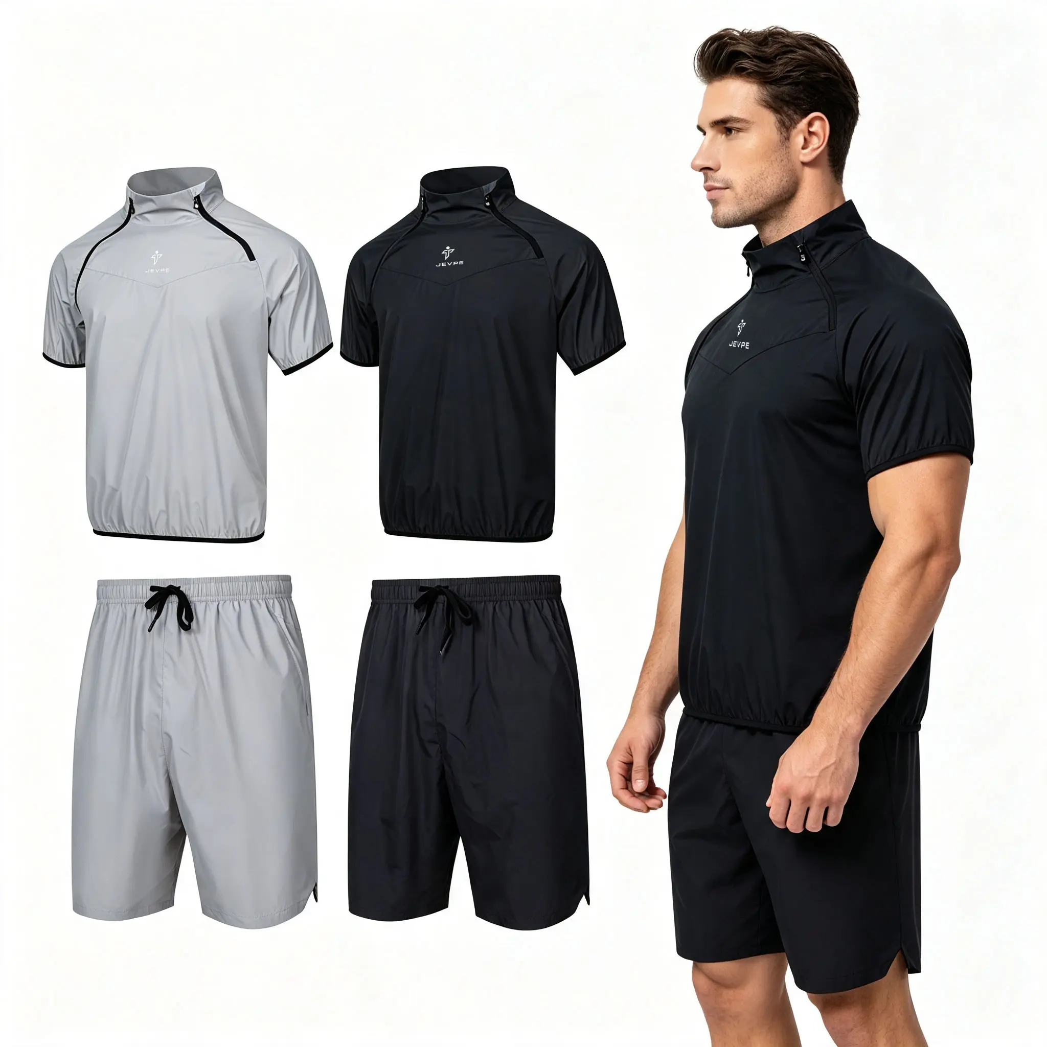 JEVPE Unisex 2-Piece Sauna Sweat Set - Long-Sleeve or Short-Sleeve Top + Shorts, Breathable Moisture-Wicking Heat-Retention Outfit for Boxing, Gym Training, Long/Short