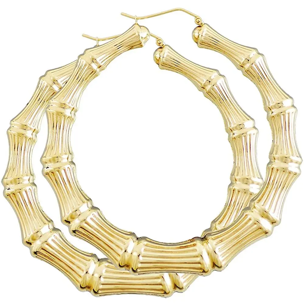 Women's 18 Karat Layered Real Gold-Filled Large Round Bamboo Hoop Earrings #11, High-Quality Metallic Elements Costume Jewelry, Gold Earrings for Women, Real Jewelry, Jewelry For Women
