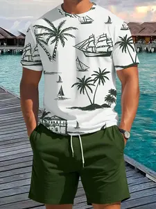 Trendy Men's Beach Style Sailboat Coconut Tree Print Tropical T-Shirt Shorts Set, Summer New Casual Sport Outdoor Two-Piece, Fashionable and Comfortable