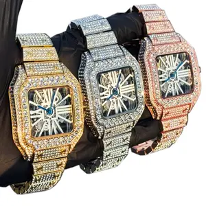 MaxBling81 Men's 40mm Luxury Iced Diamond-Embellished All-Metal Quartz Watch - Adjustable Iced Deployment Clasp Band, Simulated Diamond Skeleton Dial, Rectangular Bling Design, Removable Links, All-Metal Quartz Watches, Diamond-Embellished Quartz Watches