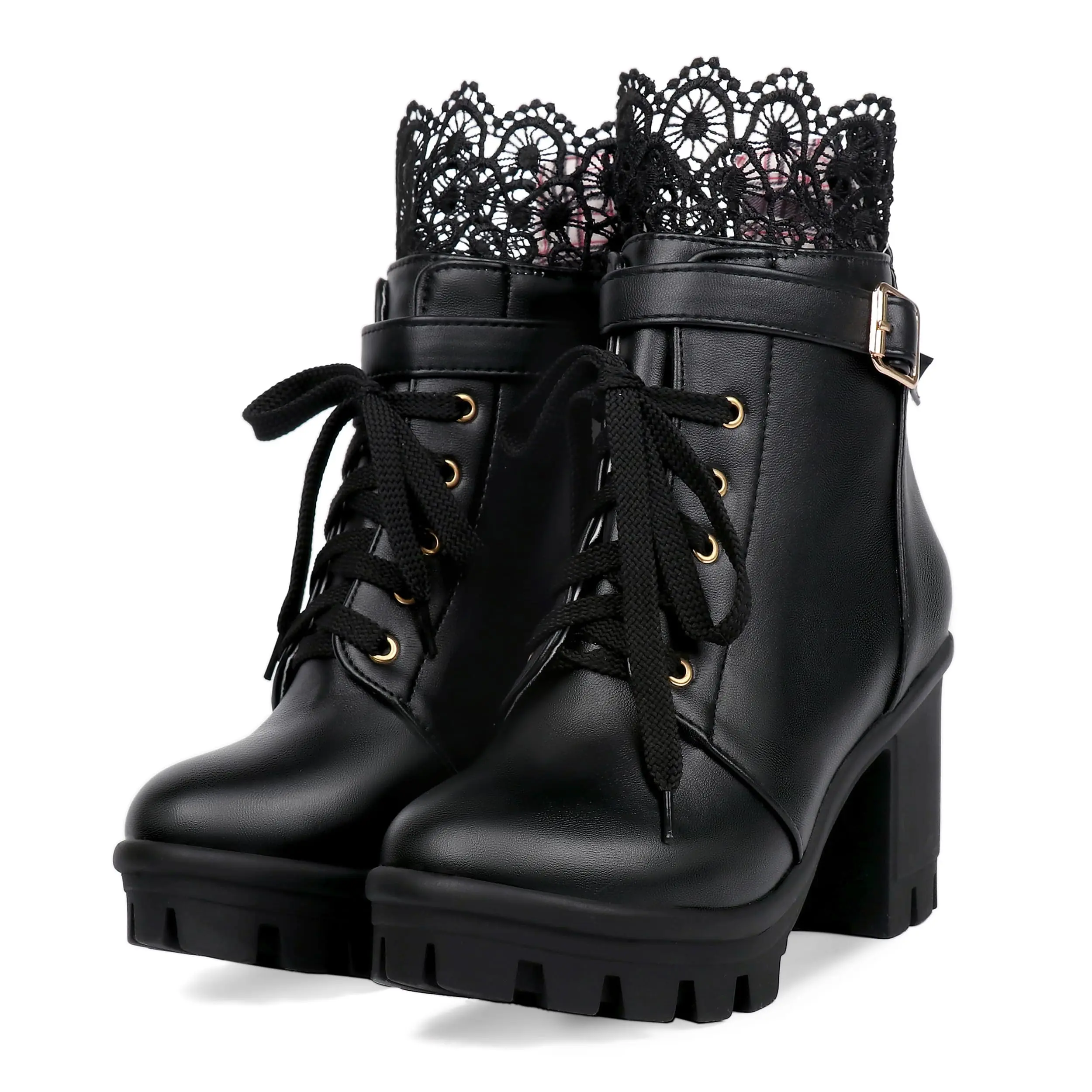 Women's Alternative Style Ankle Boots, Faux Leather Platform with Chunky Block Heel, Lace-Up Buckle, Round Toe, Comfortable Heels, Footwear, Synthetic, Ankle Length, Statement Shoes, Rubber, Ergonomically Designed, Laces, Lace-Up Detail