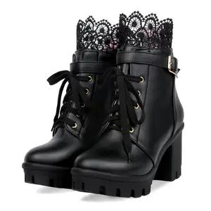 Black Women's Chunky Platform High Heel Boots Lace Up Gothic Ankle Booties Block Heel Buckle Punk Shoes with 9.5cm Heel & 3.5cm Platform - Footwear