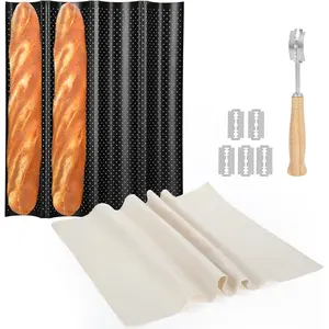 4-Slot French Baguette Pan Set, Non-Stick French Bread Pan, Baguette Baking Pan with Proofing Cloth, Bread Lame, Home Baking Tools Kit for Homemade Bread