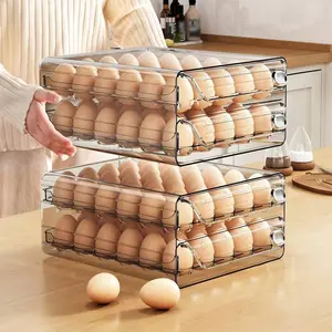 1 Tier/2 Tier Egg Storage Box,30/40/60 Grid Stackable PET Egg Storage Set,Multi-Layer Egg Tray Container,Drawer Type Egg Storage Organizer,Transparent Fresh Organizer,For Kitchen Refrigerator Use