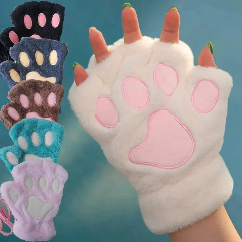 Women's Fluffy Cat Paw Fingerless Gloves - Fingerless Cut, Warm Soft Plush Half-Finger Fashion Accessory for Winter Wear, Christmas Gifts, Fluffy Gloves, Keep Warm, Fluffy Texture, Half-Finger Gloves