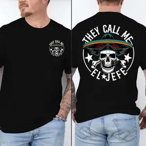 Mens Casual Short-Sleeve Graphic T-Shirt - Bold Skull Sombrero Print, Funny "They Call Me El Jefe" Boss Statement, Trendy Streetwear Party Wear Gift, Made in USA Menswear