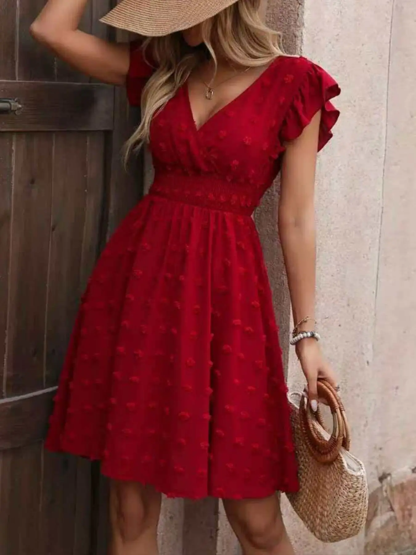 Elegant V-Neck Embroidered Beach Dress, Casual Boho Chic Summer Waist-Defined Design, Comfortable and Chic Vacation Outfit