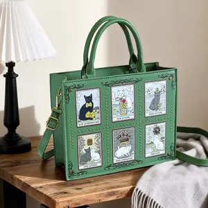 Cute Tarot Cat Print Tote Bag, Stylish Crossbody Handbag for Women, Aesthetic Top Handle Shoulder Purse for Daily Use