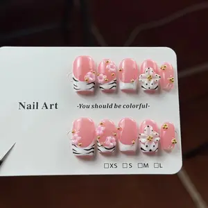 10pcs high-end Pink girlish style, hand-painted three-dimensional carvings, decorated with small gold beads handmade press on Glossy false nails Fake Nails