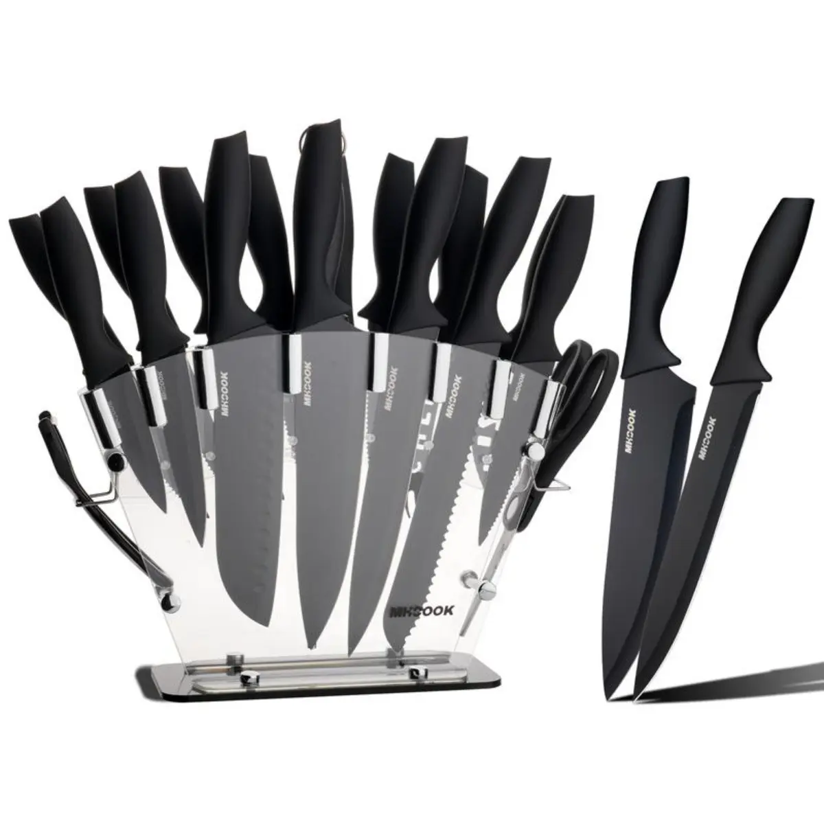 19-piece kitchen knife set, high-carbon stainless steel, combination chef knife, bread knife, scissors, sharpening rod, acrylic storage rack, Block