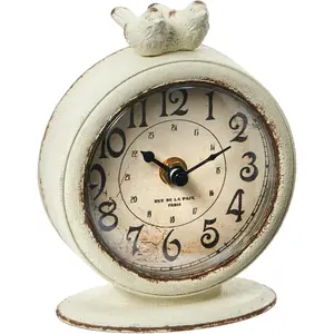 Vintage Pewter Mantel Clock with Birds Distressed Cream