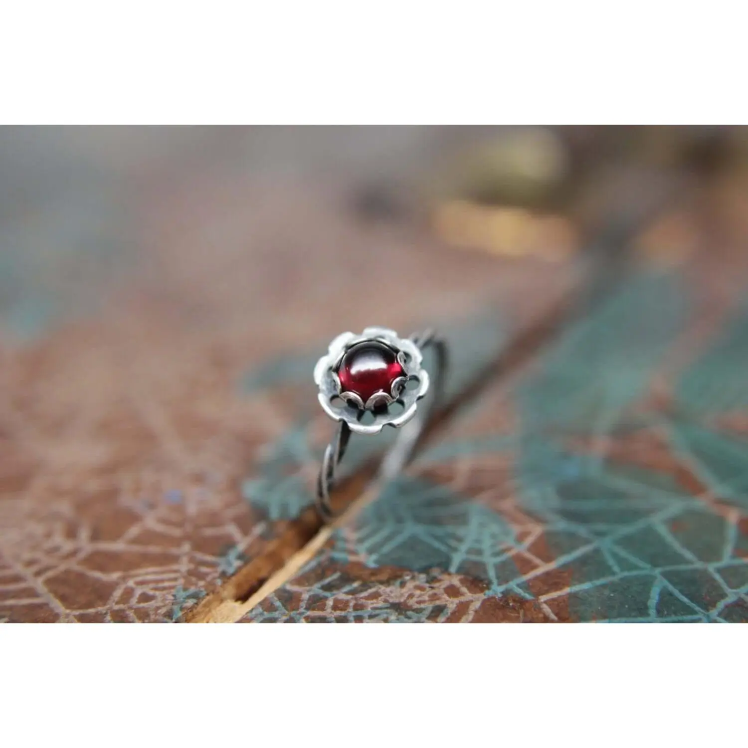 Delicate Sterling Silver Floral Gemstone Ring. Pretty sterling silver flower stacking ring with a gemstone center. Springtime bouquet ring.
