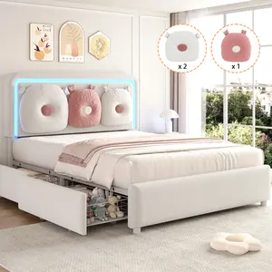 Jocoevol Upholstered LED Bed Frame with Storage Drawer, Adjustable Headboard, Princess Platform Cloud Bed for Kids/Girls, Heavy Duty Metal Support, No Box Spring Needed