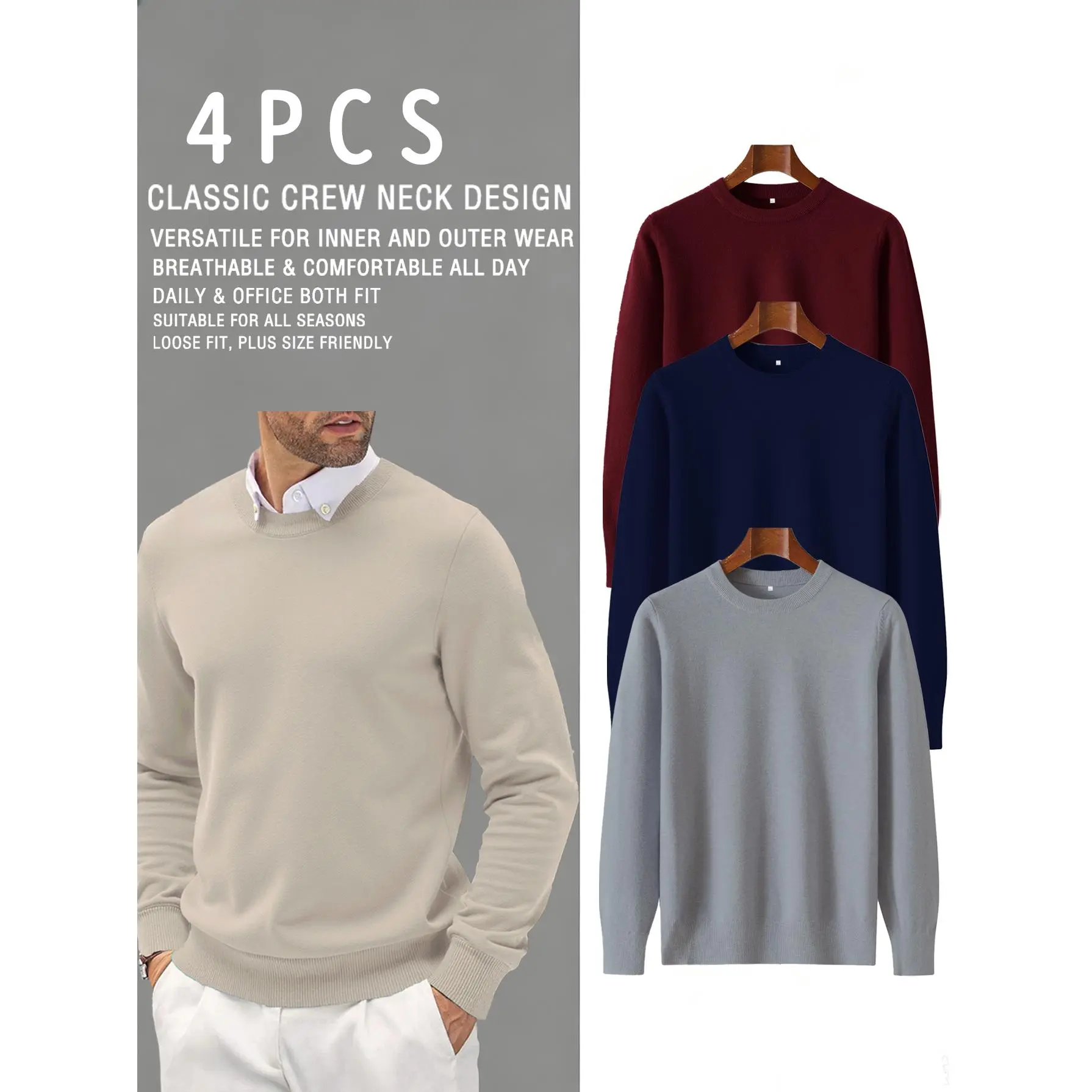 Men's 4-Pack Crew Neck Knit Pullovers, Long-Sleeve Solid Color Lightweight Tops, Smart Casual Layering Apparel S-XXL