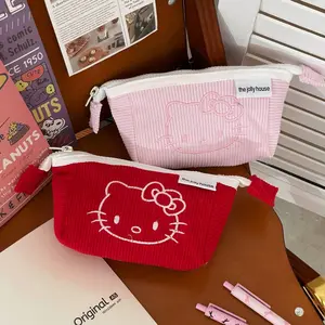 Hello Kitty Sweet Style Corduroy Pencil Case, Large Capacity Cute Floral Print Stationery Storage Bag, Durable Zipper Design
