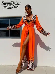 Briza｜Flowy Tie-Waist Beach Cover-Up Dress In Orange Leopard Print Chiffon, Swimsuit Cover Up For Women And Bathing Suit Cover Ups Over A Black Bikini, Cover Ups Swimsuits For Resort Vacation Swimwear For Women With Chic Poolside Confidence