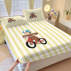 3 Piece Curious George Fitted Sheet Set, 1 Fitted Sheet + 2 Pillowcases, Cute Cartoon Monkey Biking Summer Adventure Bedding, Kids Bedroom Decor for Boys Girls Teens, Ideal Gift for Curious George Fans