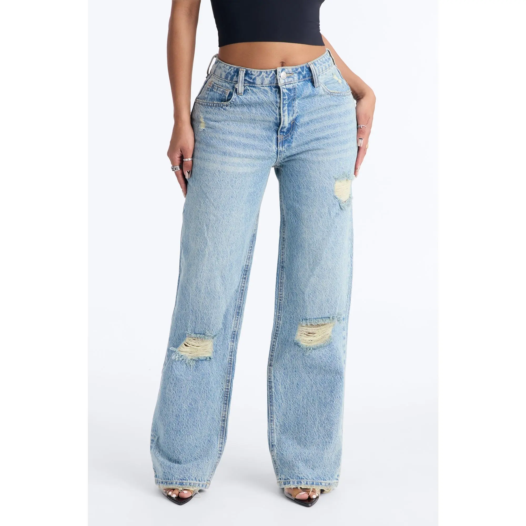 Smart Move Ripped Straight Leg Jeans - Medium Wash