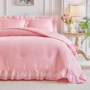 Size Comforter Set Pink, 3 count Lace Ruffled Bedding Comforter Set, Microfiber  Boho Chic Bedding Set for All Season- 68x88 inches