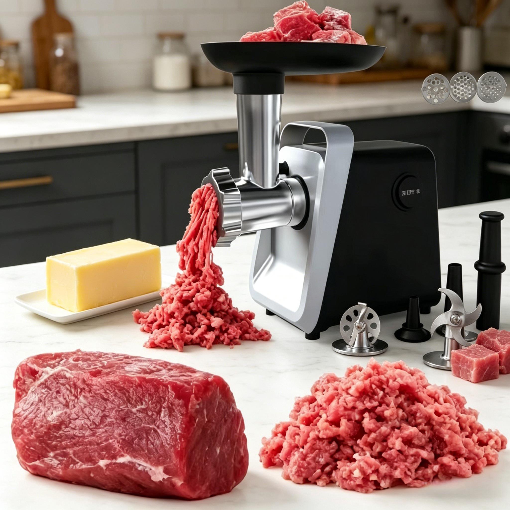 2800W electric meat grinder, stainless steel meat grinder, equipped with 2 blades, sausage tube, and Kubbe kit, suitable for use in home kitchens with American standard plugs