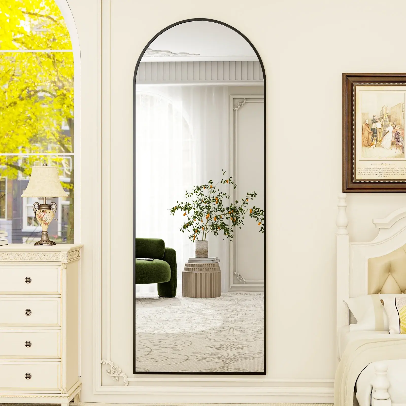 BEAUTYPEAK 64"x21" & 59"x16" Arched Standing Floor Mirror Full Body High-Quality Glass HD Imaging Retractable Stand Black
