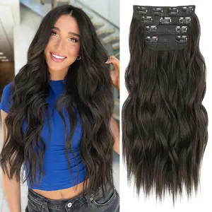 ALXNAN Clip in Long Wavy Synthetic Hair Extension 4PCS 20-24 Inch Dark Brown Thick Hairpieces Fiber Double Weft Hair for Women