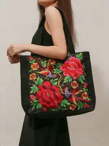 Embroidered Pattern Canvas Handbag, Reusable Lightweight Shoulder Bag, Large Capacity Foldable Shopping Bag, Ideal for Shopping, Travel, Daily Use