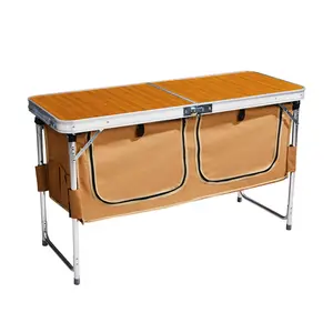 Outdoor Folding Camping Table with Storage Compartment, 4ft Portable Pinic Table with 3 Adjustable Height, Carry Handle for Outdoor Indoor Hiking Camp BBQ Beach, Wooden Pattern