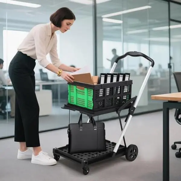 2-Tier Foldable Aluminum Shopping Cart, Collapsible Grocery Cart with Wheels and Removable Storage Crate for Apartment, Office Use, Foldable Shopping Cart