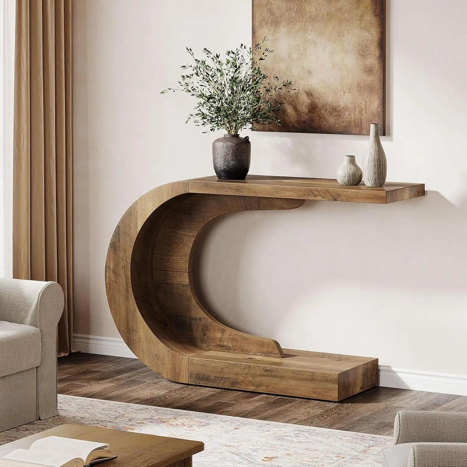 LITTLE TREE 43.3" Mid-Century Modern Console Table for Entryway, Wood C-Shaped Hallway Entry Accent Table for Living Room, Entrance, Foyer, Easy Assembly
