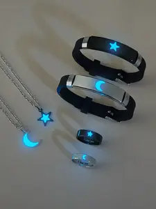Night Glow Star Moon Couple Necklace Bracelet Ring Set, Simple Cute Style, Glowing Valentine's Day Gift, Jewelry for Lovers, Luminous Star