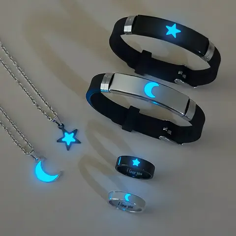 Night Glow Star Moon Couple Necklace Bracelet Ring Set, Simple Cute Style, Glowing Valentine's Day Gift, Jewelry for Lovers, Luminous Star, Jewelry Sets, Jewellery Gift Set