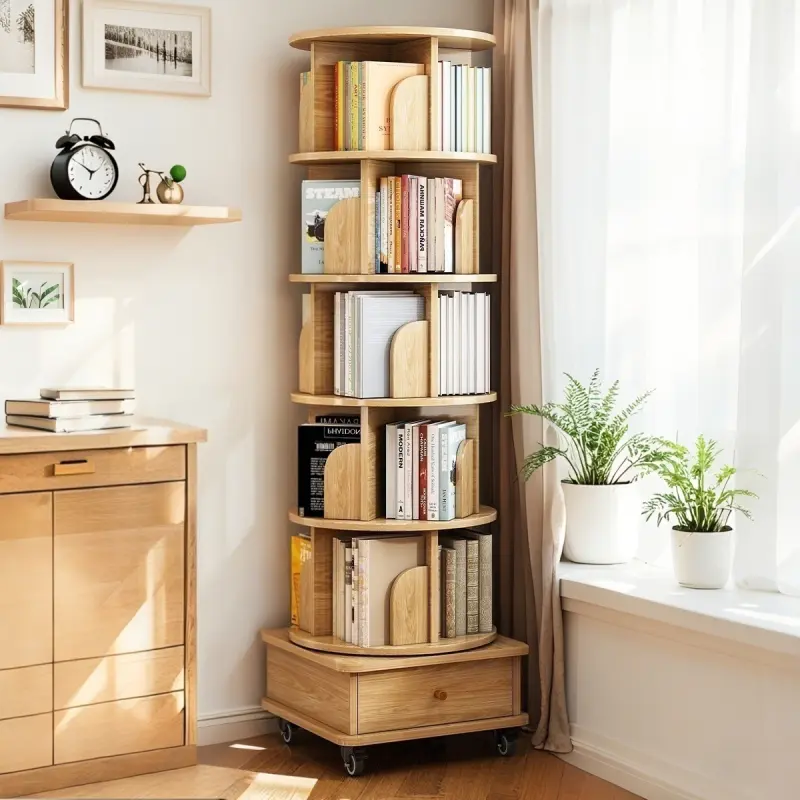 5-6 Tier Rotating Bookshelf, 360° Display Round Spinning Bookshelf with Wheels and Drawer, Space-Saving, Small Space Rotating Bookshelf Tower for Bedroom, Living Room, Home, Office, Wood Color
