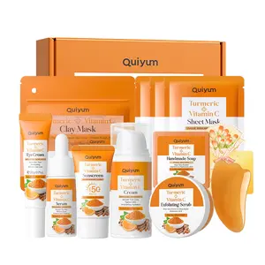 Quiyum Turmeric Skincare Set, Moisturizing Set, Eye Cream, Serum, Moisturizer,Suncreen,Scrub,Clay Mask, Soap,Scraping Pate,Card,Gift Box,Hydrating Soothing,Best Gift, Hyperpigmentation Care Set