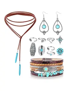 11 Pcs Natural Bohemian Turquoise Jewelry Set, Matching Jewelry Set, for Women Men Vintage Turquoise Statement Dangle Earrings Boho Leather Cuff Bracelet with Stackable Knuckle Rings Set Pendant Suede Long Choker Necklace
