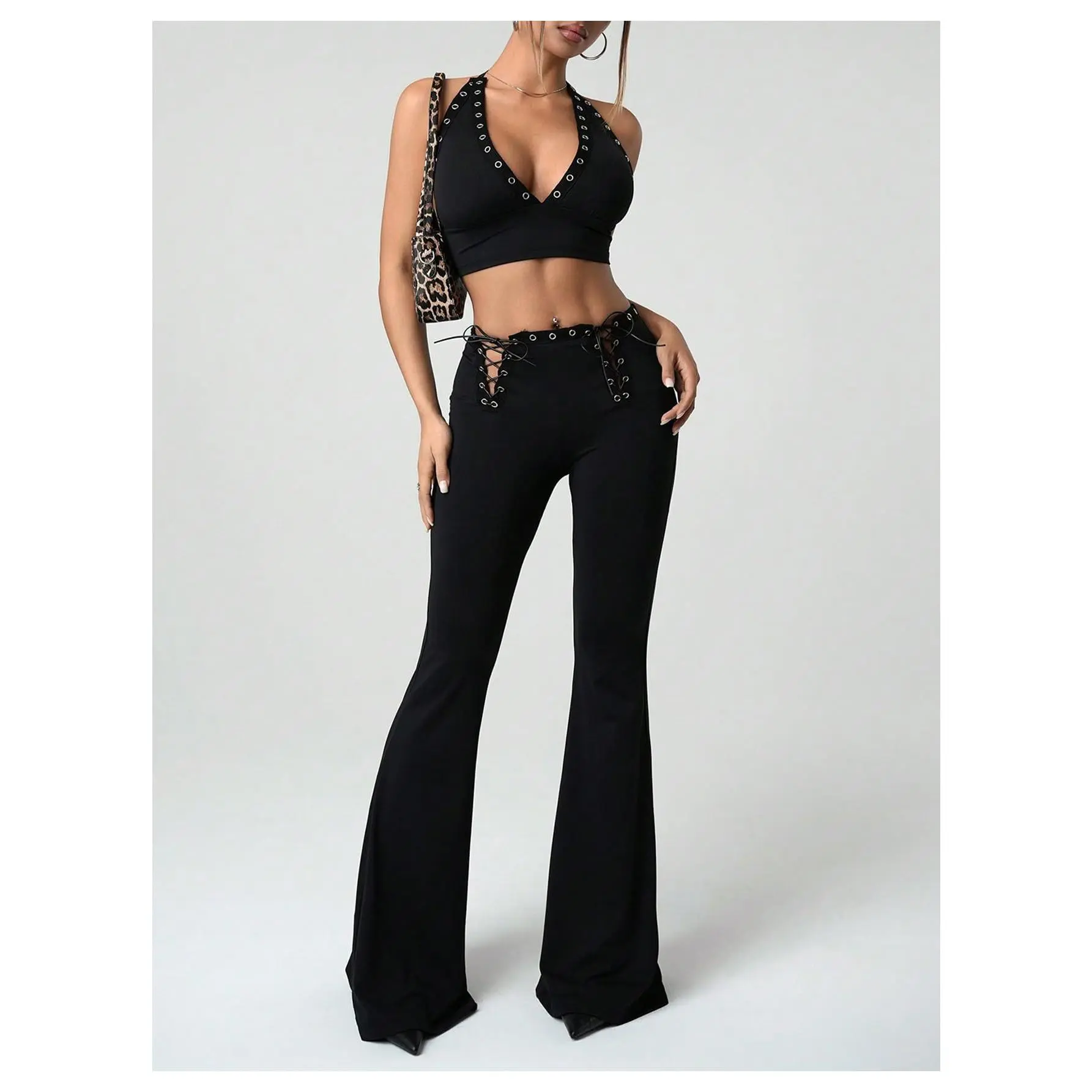 Concert Rave Festival Y2K Outfits Backless Halter Tops and Low Waisted Bootcut Two Pieces Pants Sets
