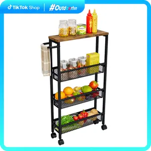 FathersDayGift 4-Tier Slim Rolling Metal Storage Cart with Lockable Wheels,Wooden Top and Metal Handle for Kitchen Dining Room