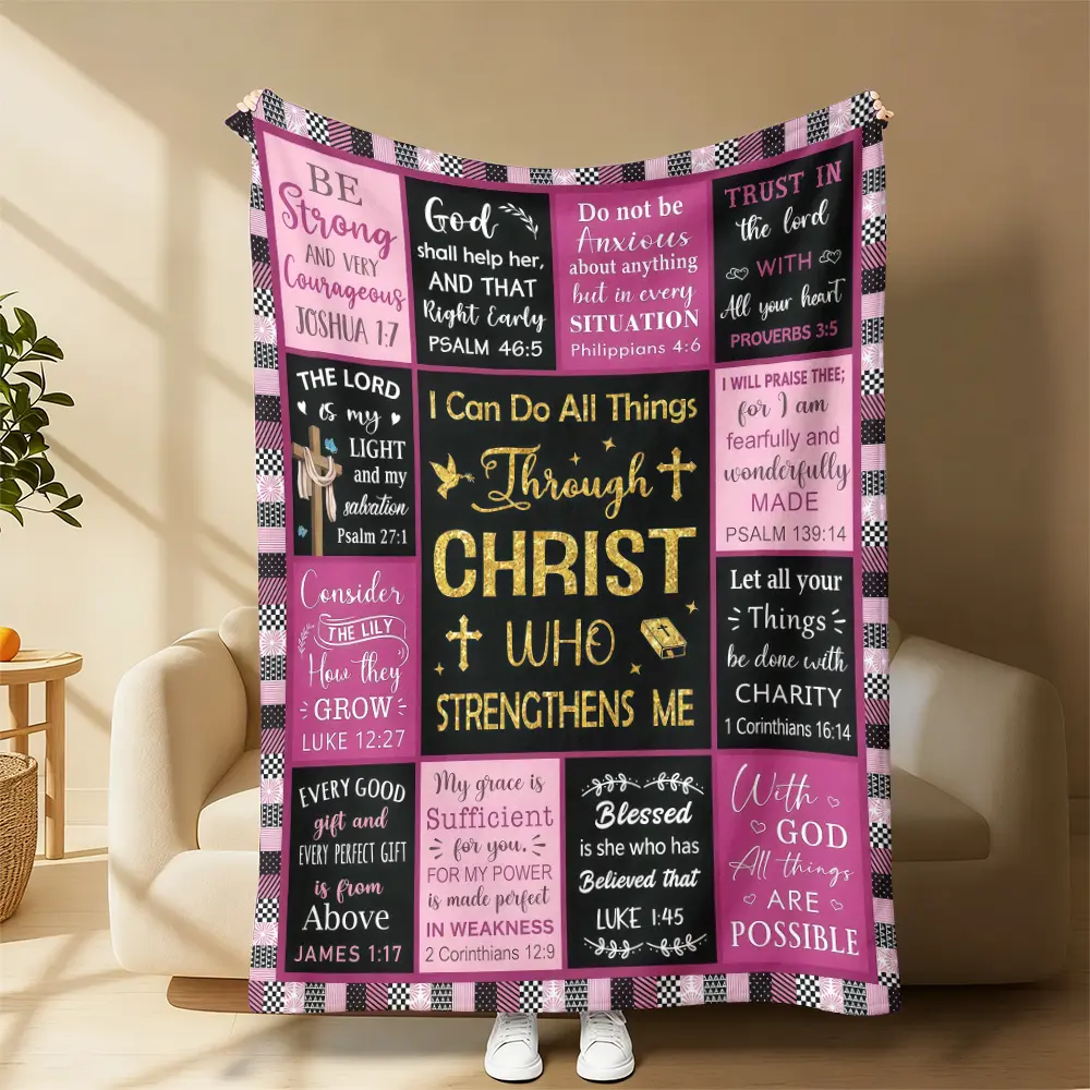 Christian Blanket for Women Religious Scripture Throw Blanket Pink Inspirational Bible Verse Blanket Through Christ I Am Strengthened Christian Gift for Women Pink Religious Scripture Blanket Thoughtful Inspirational Present Perfect for Prayer Cozy Naps!