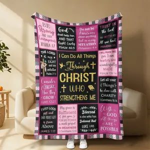 Christian Blanket for Women Religious Scripture Throw Blanket Pink Inspirational Bible Verse Blanket Through Christ I Am Strengthened Christian Gift for Women Pink Religious Scripture Blanket Thoughtful Inspirational Present Perfect for Prayer Cozy Naps!