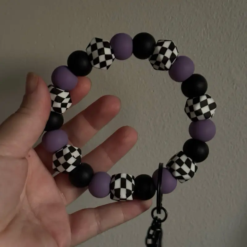 Purple and Checkered Wristlet with Black Chain - Stylish Beaded Accessory for Everyday Wear & Casual Outings