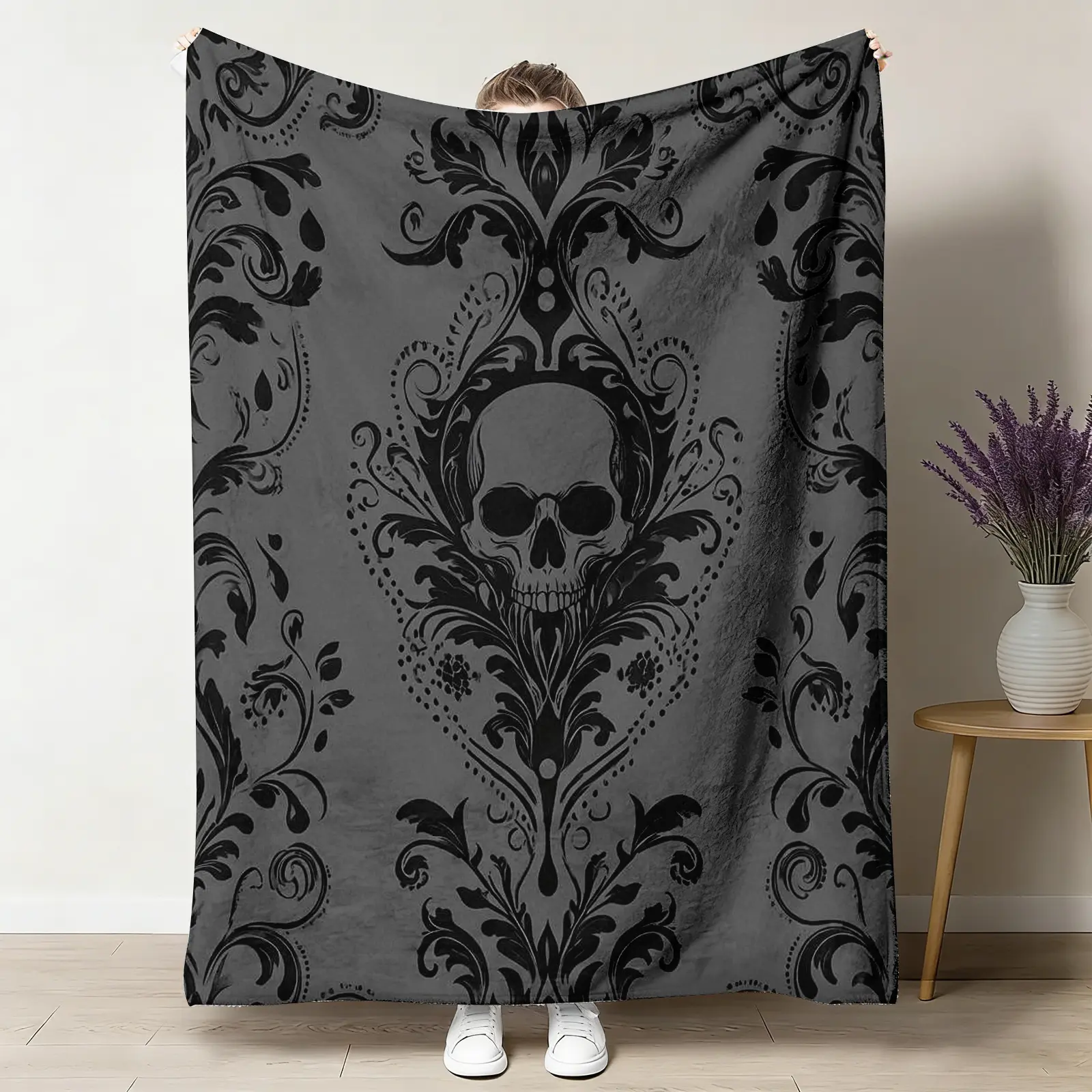 Gothic Skull Damask Flannel Throw Blanket - Multi-Size, Breathable Plush, Ornate Baroque Print, Cozy Warm Fleece, Dark Gothic Home Decor, Gift for Goth Lovers, Couch Bed Use, Blankets for Bedroom, Throw Blankets