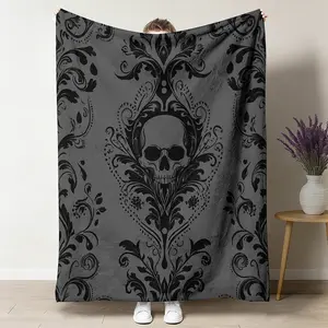Gothic Skull Damask Flannel Blanket, Ultra-Soft Plush Throw with Ornate Baroque Print, Cozy Warm Fleece Blanket for Couch Bed Sofa, Perfect Dark Aesthetic Home Decor & Gift for Goth Lovers, All-Season Comfort
