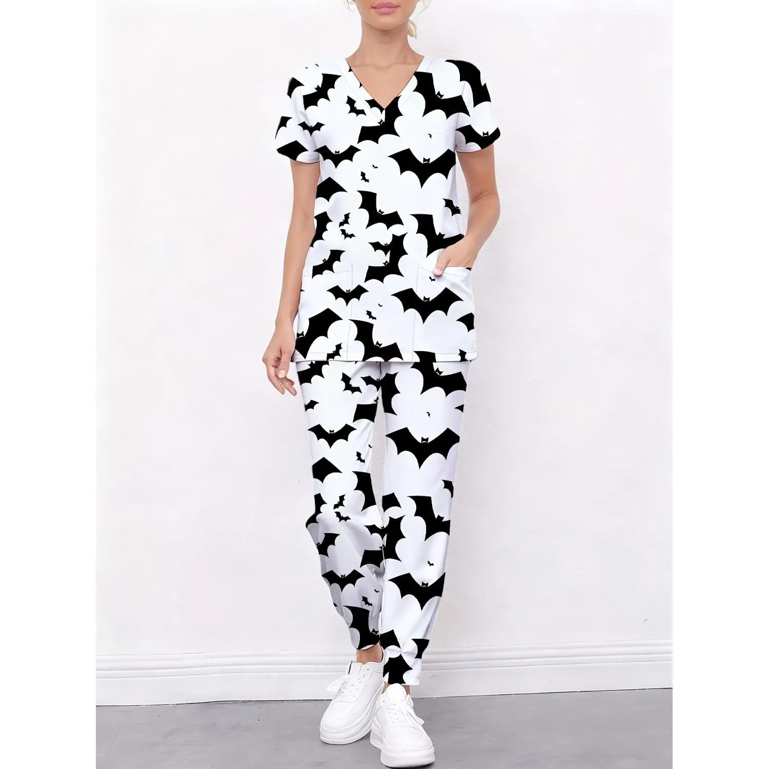 2-Piece V-Neck Nurse Uniform with Leggings, Black and White Bat Print Halloween Outfit, Women's Loungewear Pajama Set - Halloween Costume, Casual Wear, Durable Homewear, Soft Material, Healthcare Professionals, Women's Apparel