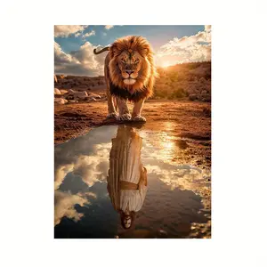 1pc Vivid Christian Lion & Jesus Reflection Art Print - Unframed Spiritual Wall Decor Poster for Living Room, Church, Bedroom - Waterproof Canvas Material, 12x18inch with Rich Colors and Inspirational Design, Perfect for Room Decor