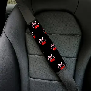 A half piece with a bow-shaped red cherry pattern decoration, a retro-style car seat belt kit - suitable for interior decoration of cars, easy to install and remove quickly.