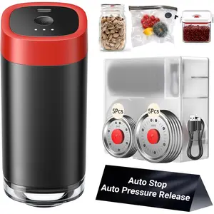 Patented Mason Jar Vacuum Sealer Kit, 4-in-1 Automatic Vacuum Sealer for Jar, Vacuum Bag, Container, Wine Stopper, Jar Sealer with 10 Auto Pressure Release & Reusable Lids, Black & Red