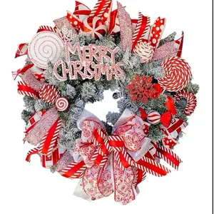 Candy Cane Wreath Peppermint Christmas Whimsical Wreath with Red White Ribbons and Lollipops for Festive Decor