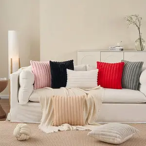 Soft Plush Pillow Cover Set, Luxury Decorative Cushion Case, Square Puffy Throw Pillow Covers for Sofa Bed, 18x18 Inches, Artificial Fur Striped Design