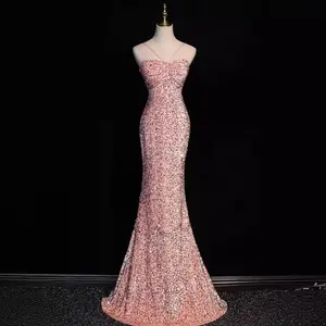 Charming Clavicle Bone Climber Evening Dress Women's Banquet Temperament Pink Fishtail Sequins Asymmetric Maxi Dress for All Seasons
