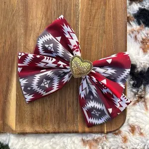 Short Red Azteca Western Hair Bow with Western Charm and Beaded Centerpiece